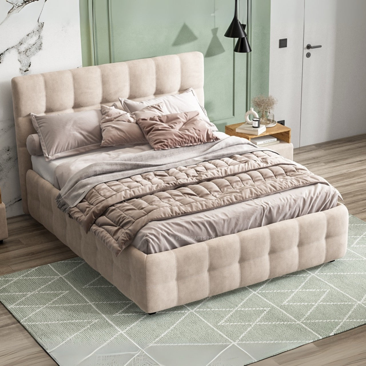 Beige upholstered bed with matching headboard in a bedroom setting.